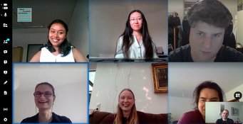 Students of different Max Planck Schools joining the online Network Sessions at Max Planck Schools Day 2020. Mehrere Personen nehmen an einem virtuellen Meeting teil, einige tragen Headsets, während sie in unterschiedlichen häuslichen Umgebungen sind.