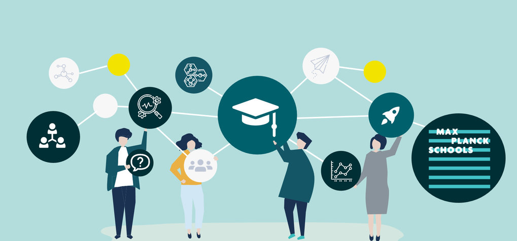 Diverse group of people engaged with interconnected icons illustrating education, scientific research, and Max Planck Schools network.