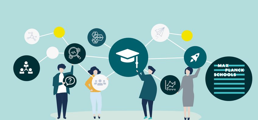 Our Fellows are leading scientists in their respective fields Diverse group of people engaged with interconnected icons illustrating education, scientific research, and Max Planck Schools network.