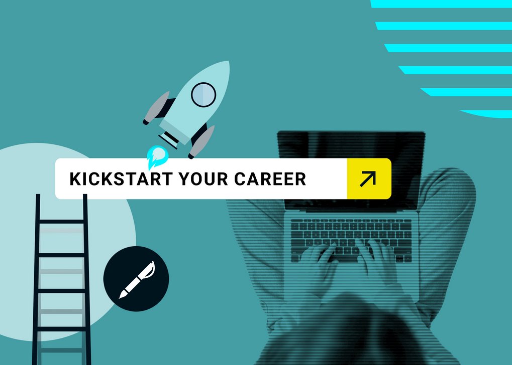 Illustration with a rocket, ladder, and a person typing on a laptop, accompanied by "Kickstart Your Career" text and a pen icon.