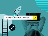 Illustration with a rocket, ladder, and a person typing on a laptop, accompanied by "Kickstart Your Career" text and a pen icon.