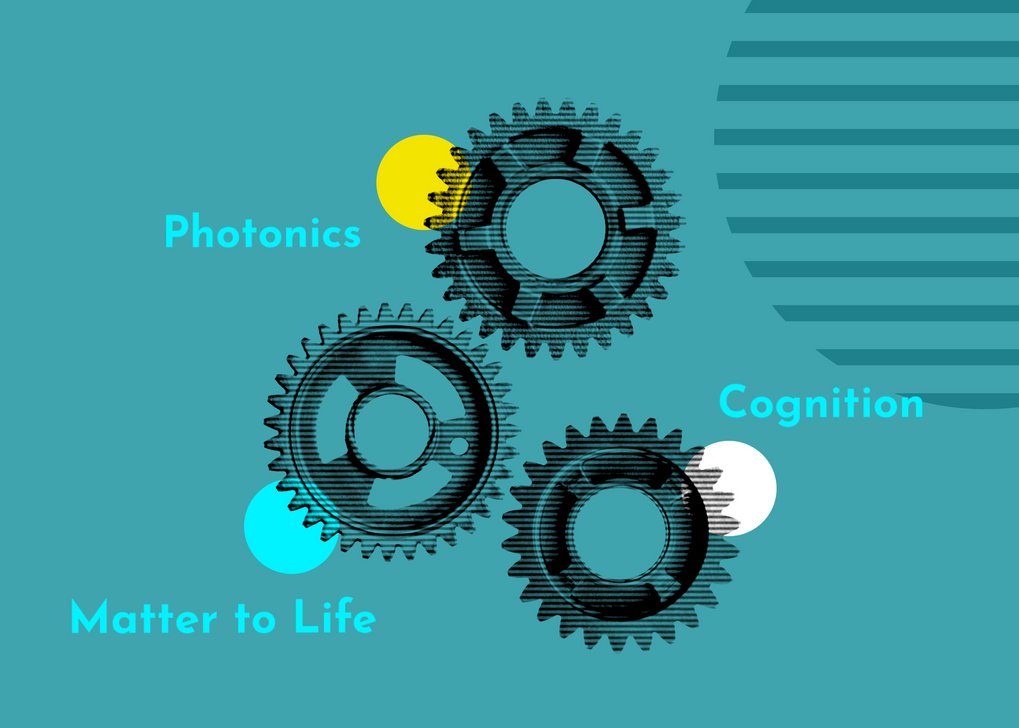 Graphic showing three interlocking gears on a blue background. Each gear is labeled with a topic area: “Photonics” (top left, yellow highlight), “Matter to Life” (bottom left, light blue), and “Cognition” (right, white). The gears represent the connection and interaction between these scientific fields.