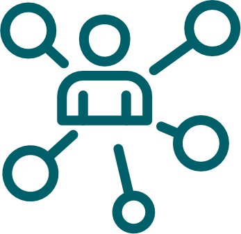 Grafisches Symbol einer Person im Zentrum, von der fünf Linien zu identischen Kreisen strahlen, symbolisiert Vernetzung.