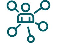Grafisches Symbol einer Person im Zentrum, von der fünf Linien zu identischen Kreisen strahlen, symbolisiert Vernetzung.