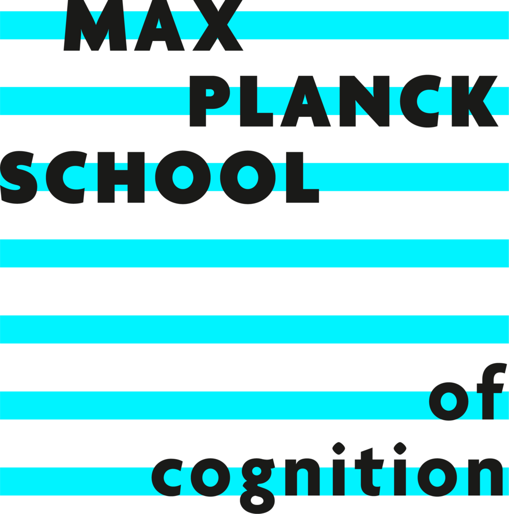 Logo mit schwarzem Schriftzug der Max Planck School of Cognition, umgeben von horizontalen Streifen in Türkis.