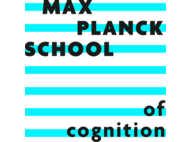 Logo mit schwarzem Schriftzug der Max Planck School of Cognition, umgeben von horizontalen Streifen in Türkis.