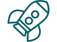 Stilisiertes Raketen-Symbol mit zwei runden Fenstern und abgerundeten Flügeln, in einfacher Linienzeichnung dargestellt.