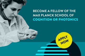 Banner inviting applications for fellowships at the Max Planck School of Cognition or Photonics, highlighting collaboration between German universities and research organizations.