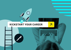 A graphic design showing a person typing on a laptop. In the upper left corner, there is an illustration of a rocket and a ladder. In the center, the text "KICKSTART YOUR CAREER" appears on a white bar.