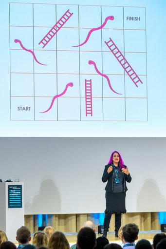 Michèle Heurs, Fellow der Max Planck School of Photonics, verwendet in ihrer „Passion for Science Lecture“ das bekannte Leiterspiel als Metapher für Karrierewege in der Wissenschaft. Michele Heurs, Fellow der Max Planck School of Photonics und Professorin, steht auf der Bühne und erklärt ein Diagramm während des Max-Planck-Schultages. Auf der Präsentation ist ein Schlangenspiel zu sehen, das mit Leitern und Wegen den Fortschritt symbolisiert, mit dem Start auf der linken Seite und dem Ziel ("Finish") rechts oben.