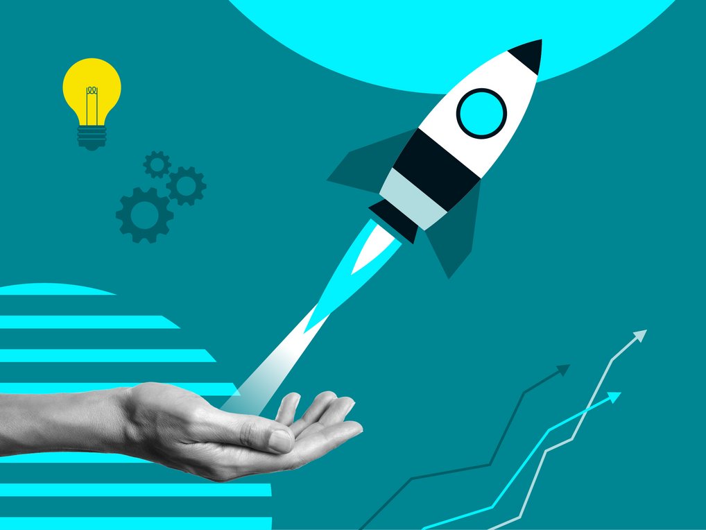 A rocket rises from an open hand, flanked by cogwheels and a light bulb symbolizing innovation. Lines show growth.