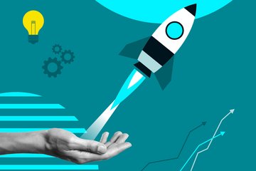 A rocket rises from an open hand, flanked by cogwheels and a light bulb symbolizing innovation. Lines show growth.