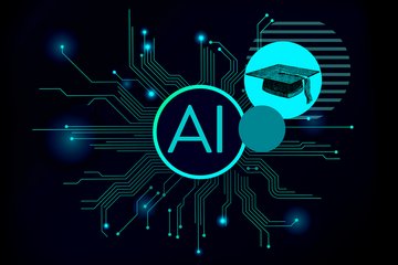 AI logo surrounded by abstract circuit lines, indicating technology. A graduation cap symbolizes education in artificial intelligence.