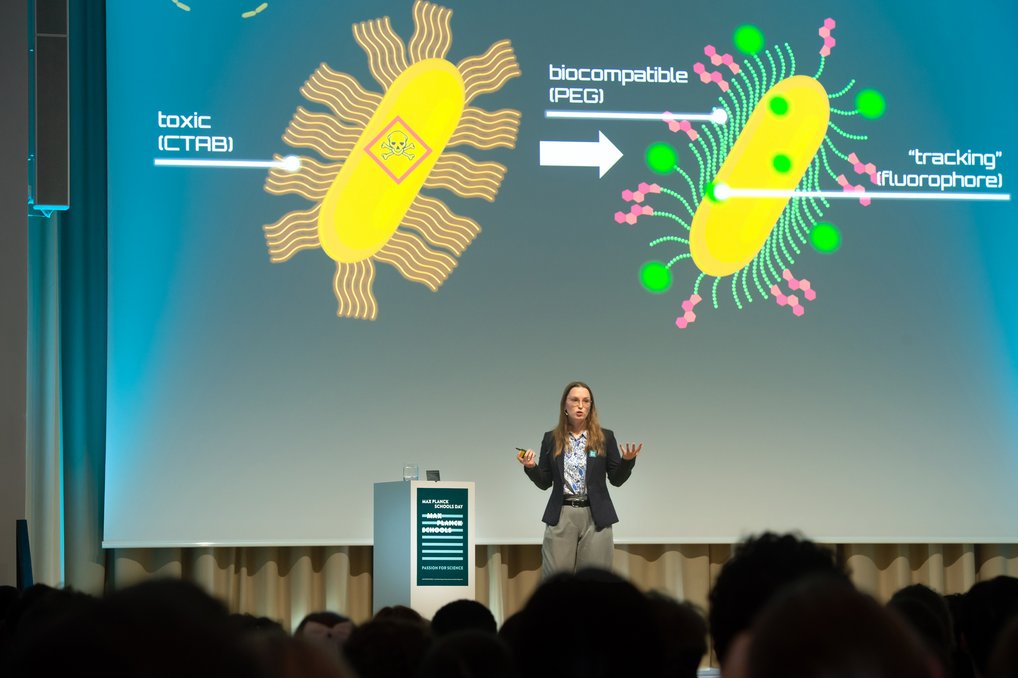 Auf einer Konferenz wird der Unterschied zwischen toxischen (CTAB) und biokompatiblen (PEG) Nanopartikeln, inklusive Fluorophor-Tracking, diskutiert.