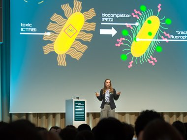 Auf einer Konferenz wird der Unterschied zwischen toxischen (CTAB) und biokompatiblen (PEG) Nanopartikeln, inklusive Fluorophor-Tracking, diskutiert.