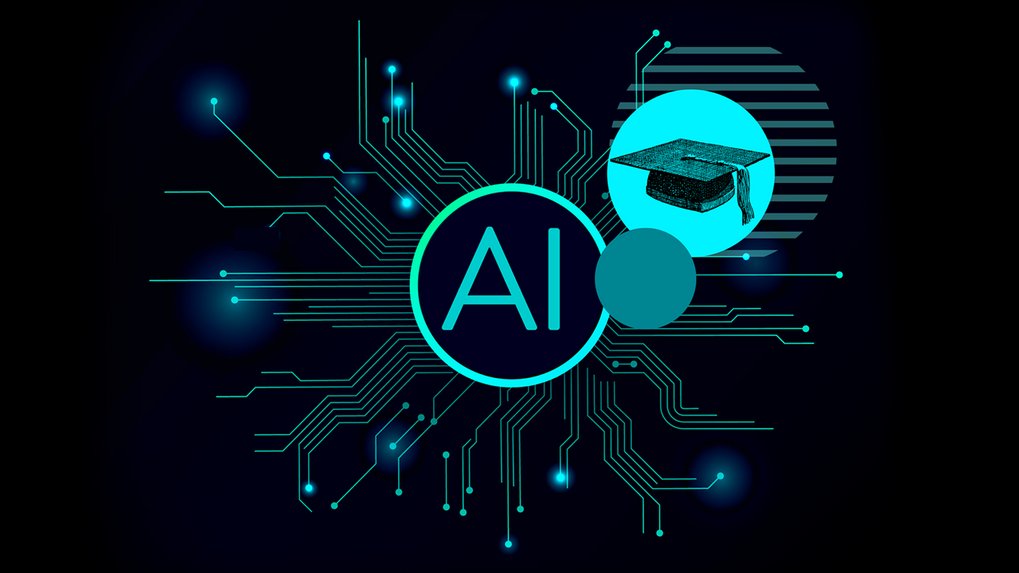 A circle with the text "AI", surrounded by digital circuits, adjacent to a smaller circle featuring a graduation cap symbol.