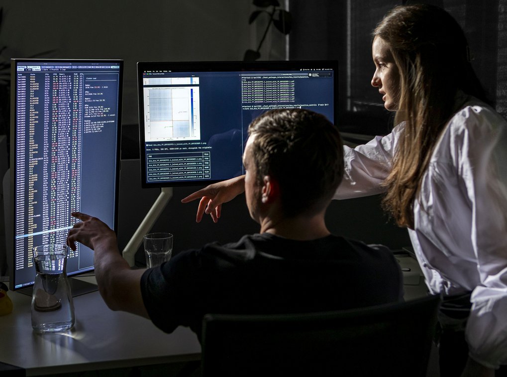 A man and a woman discussing code and data displayed on two large computer screens in an office environment.