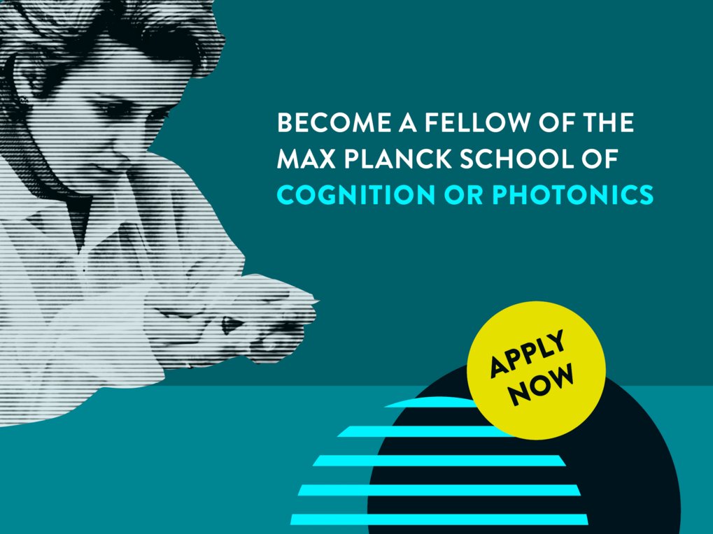 Graphic featuring a person in a lab coat alongside text encouraging applications to become a fellow at the Max Planck School of Cognition or Photonics, highlighted by a prominent "Apply Now" button.