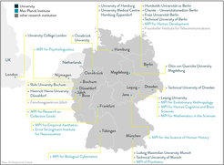 Figure 1. Geographical distribution of the German labs, UK and Netherlands associated to the Max Planck School of Cognition.